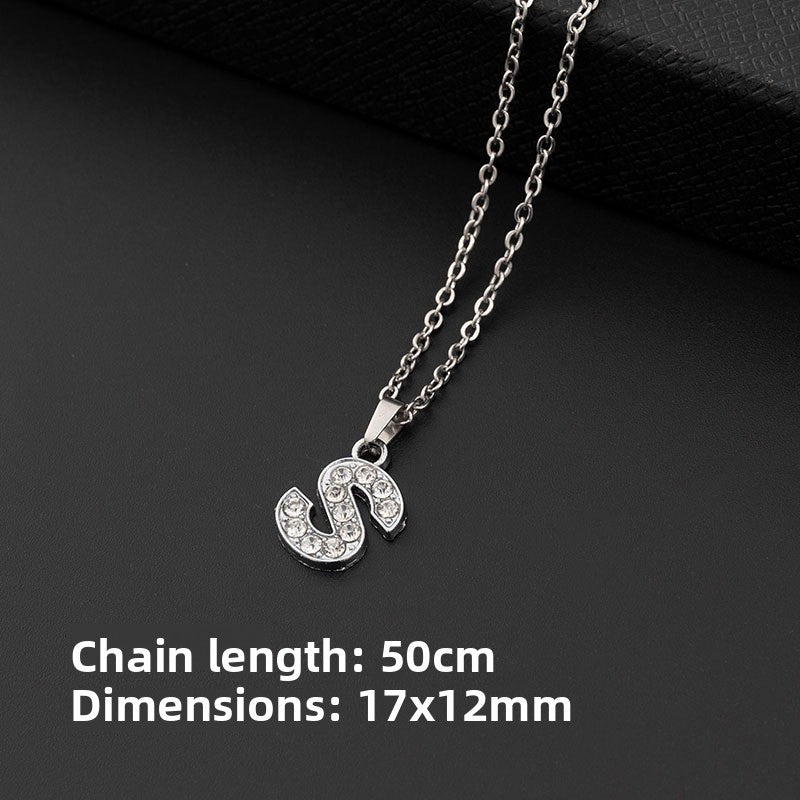 Stainless Steel Letter Pendant Necklace Diamond-Encrusted Women Jewelry
