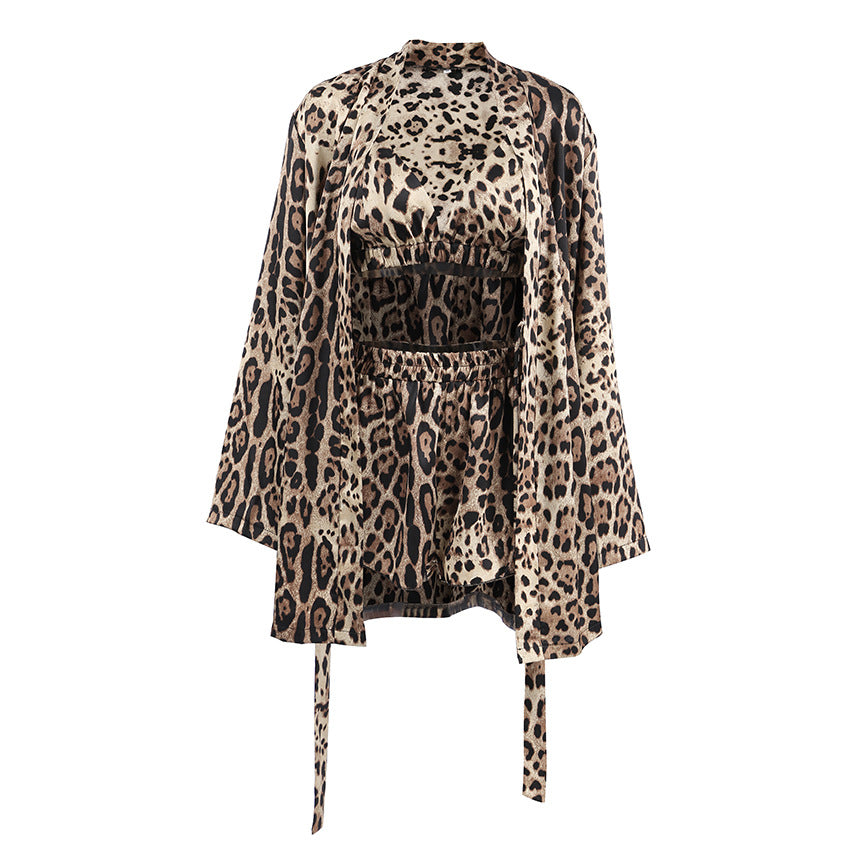 Women's leopard print loose long-sleeved short pants pajama set