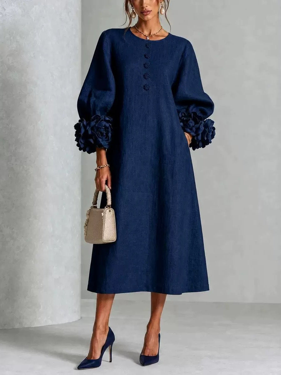 French-style three-dimensional flower lantern-style sleeve cotton and linen mid-length dress
