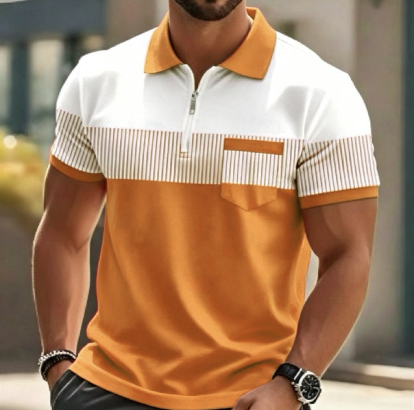 Men's 3D Digital Printing Zippered Collar Short Sleeve Shirt