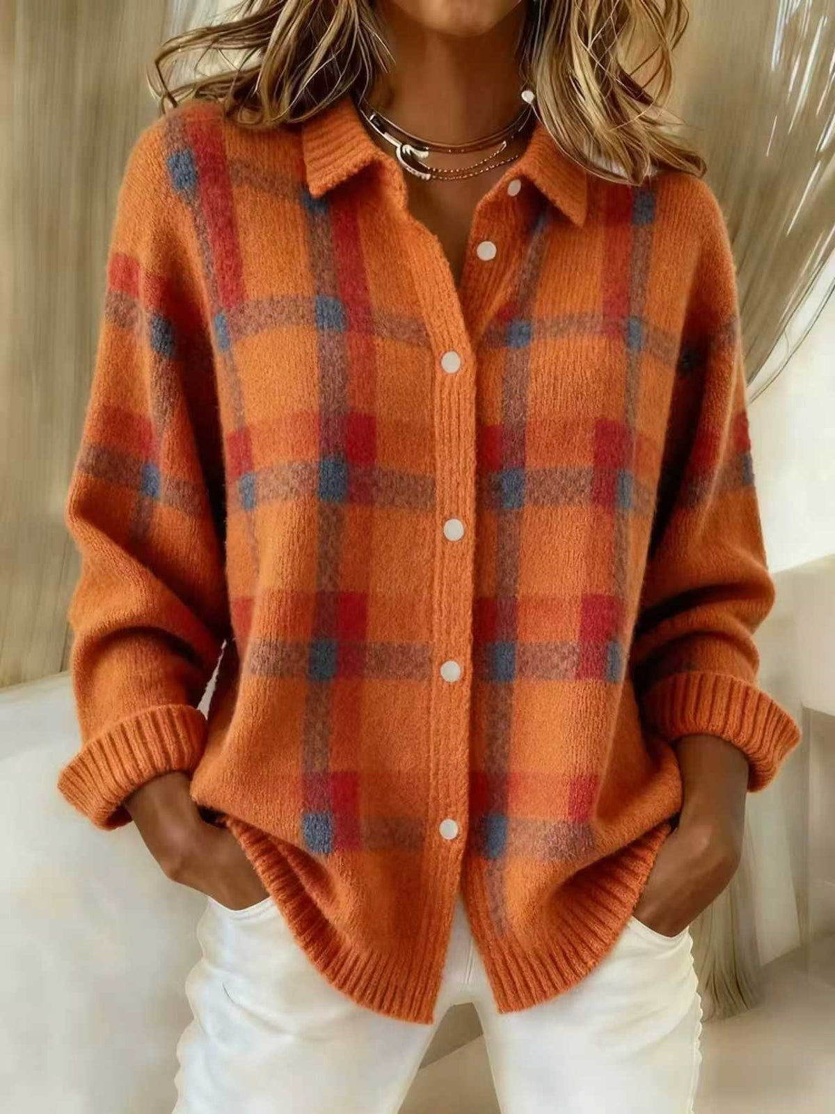 Womens Plaid Long Sleeve Cardigan