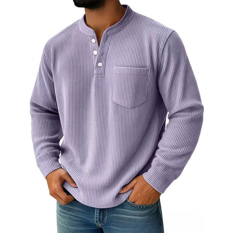 Mens Corduroy Henry Collar Long Sleeve Polo Shirt