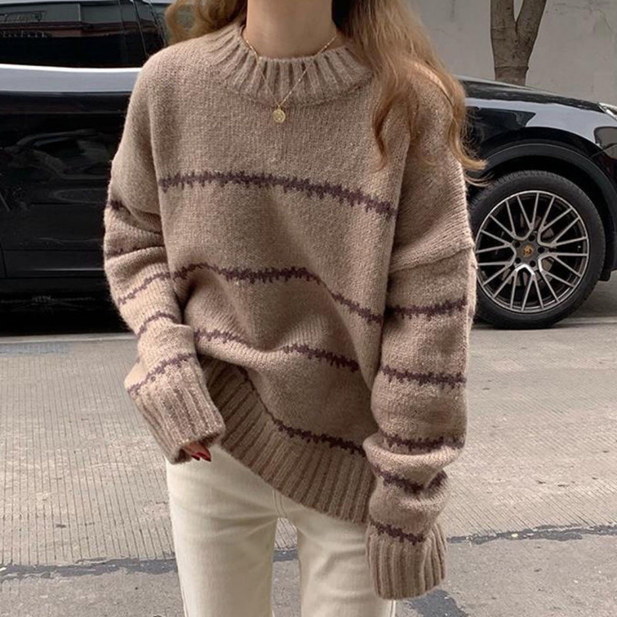 Striped Round Neck Pullover Knit Sweater