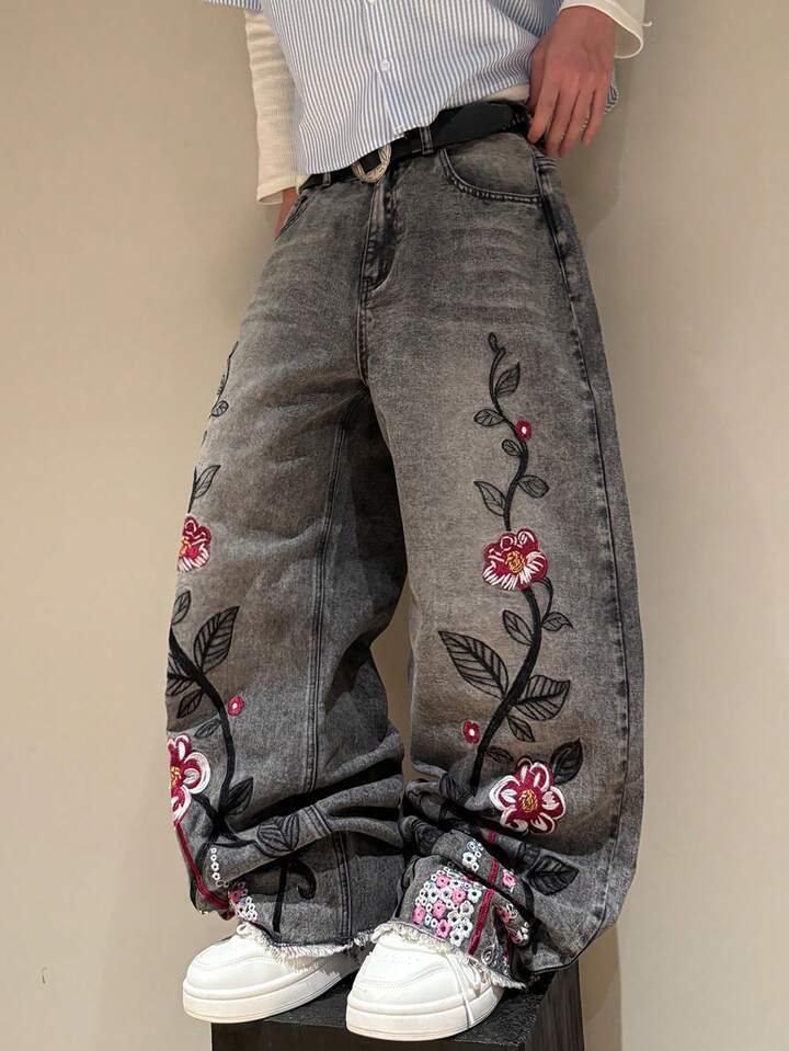 Gothic Style Cherry Blossom Embroidered Unisex Straight Leg Jeans