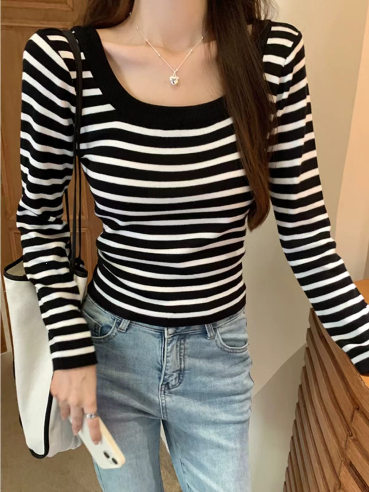 Women's Knitted Stripe Long Sleeve T-Shirt
