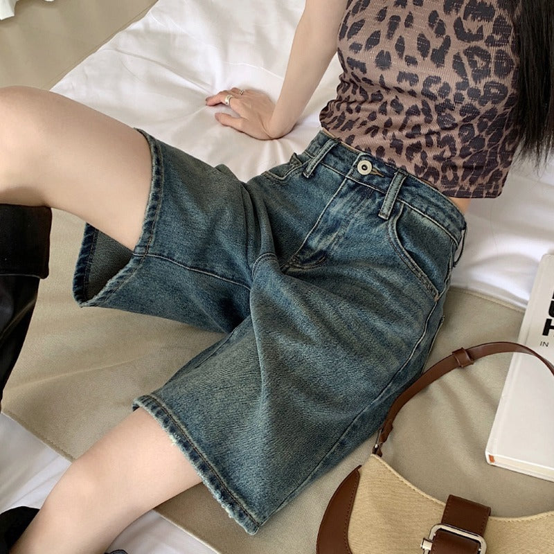 Women's loose washed high-waisted straight-leg denim shorts