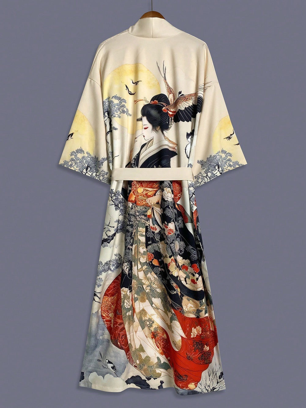 Japanese Retro Style Elegant Beauty Print Mid-Length Kimono Cardigan Thin Coat Unisex