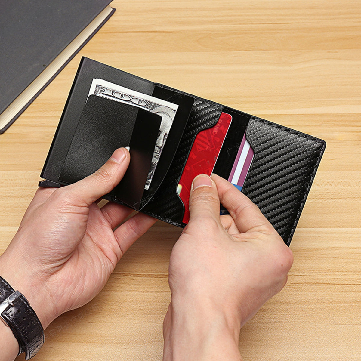 RFID Blocking Automatic Pop-Up Ultra-Thin Carbon Fiber Card Holder Wallet