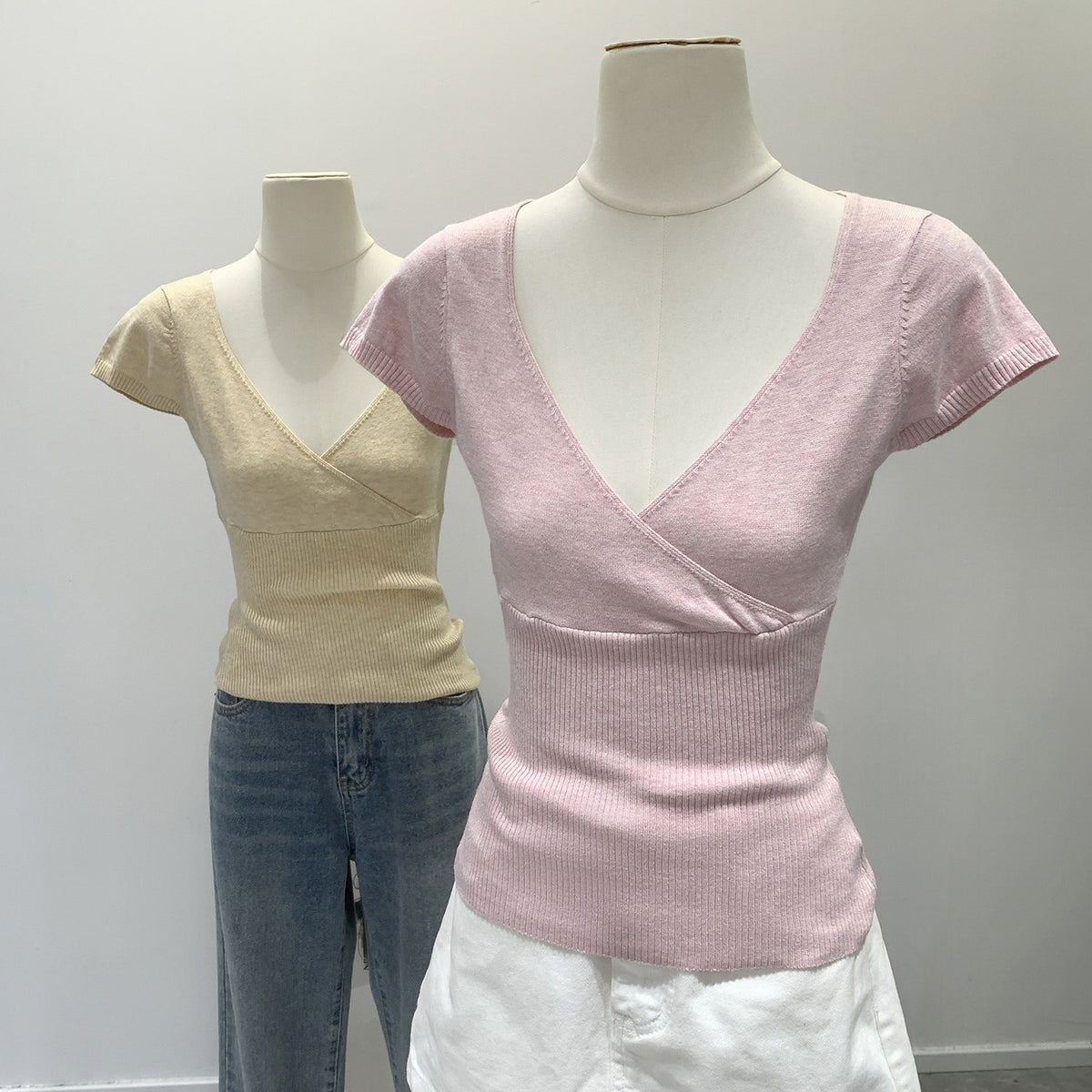 Womens Pure Cotton V-Neck Knitted T-Shirt