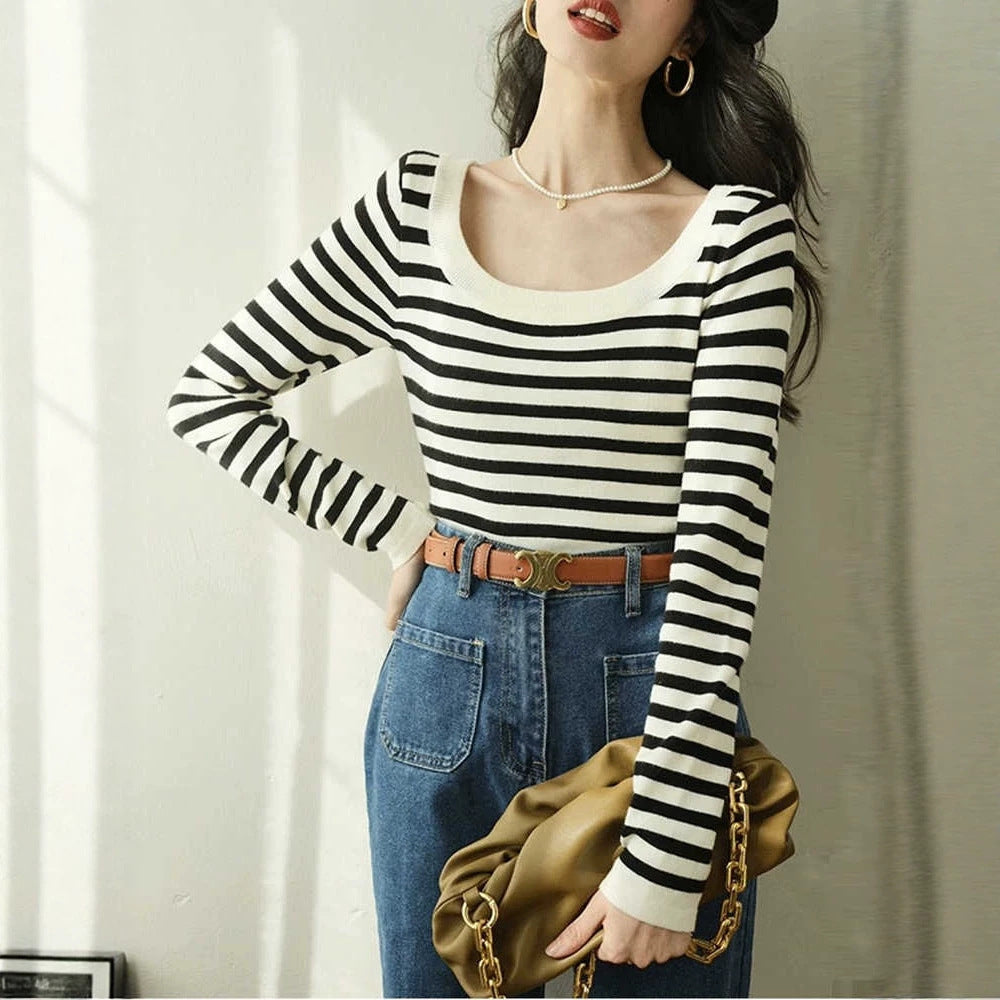 Women's Knitted Stripe Long Sleeve T-Shirt