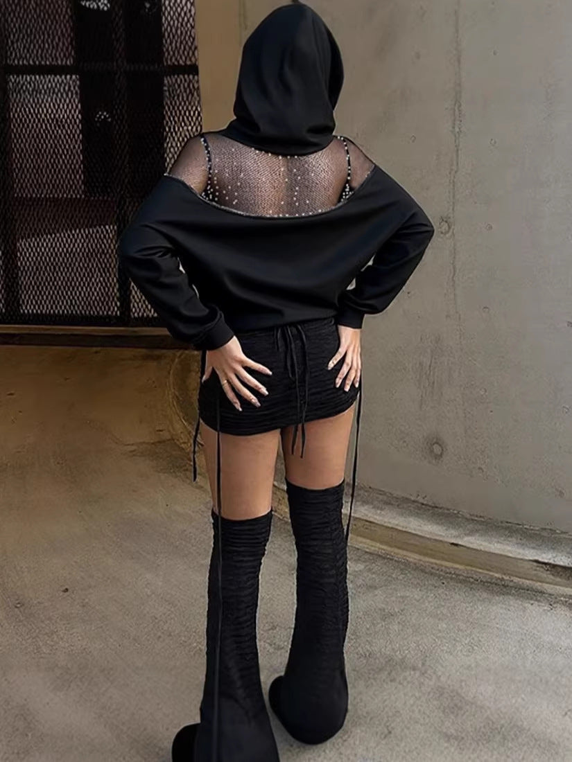 Mesh Patchwork Zipper Hooded Sweatshirt