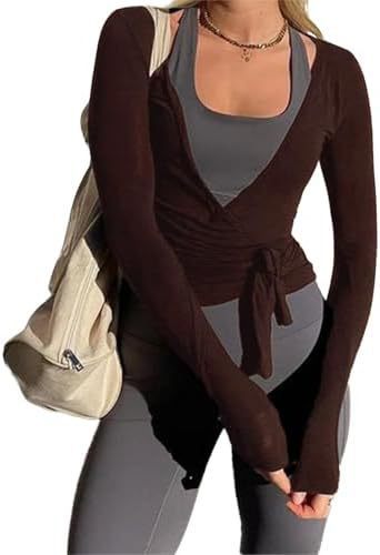 Women's Wrap Lace-Up Top Y2K Long Sleeve Ballet Workout Yoga Shirt