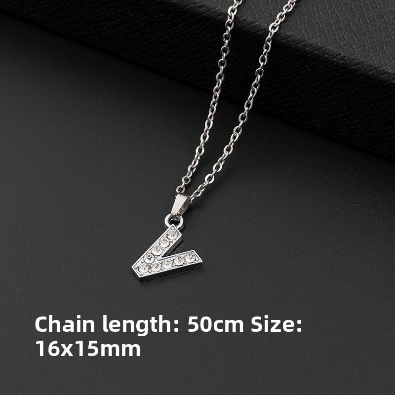 Stainless Steel Letter Pendant Necklace Diamond-Encrusted Women Jewelry