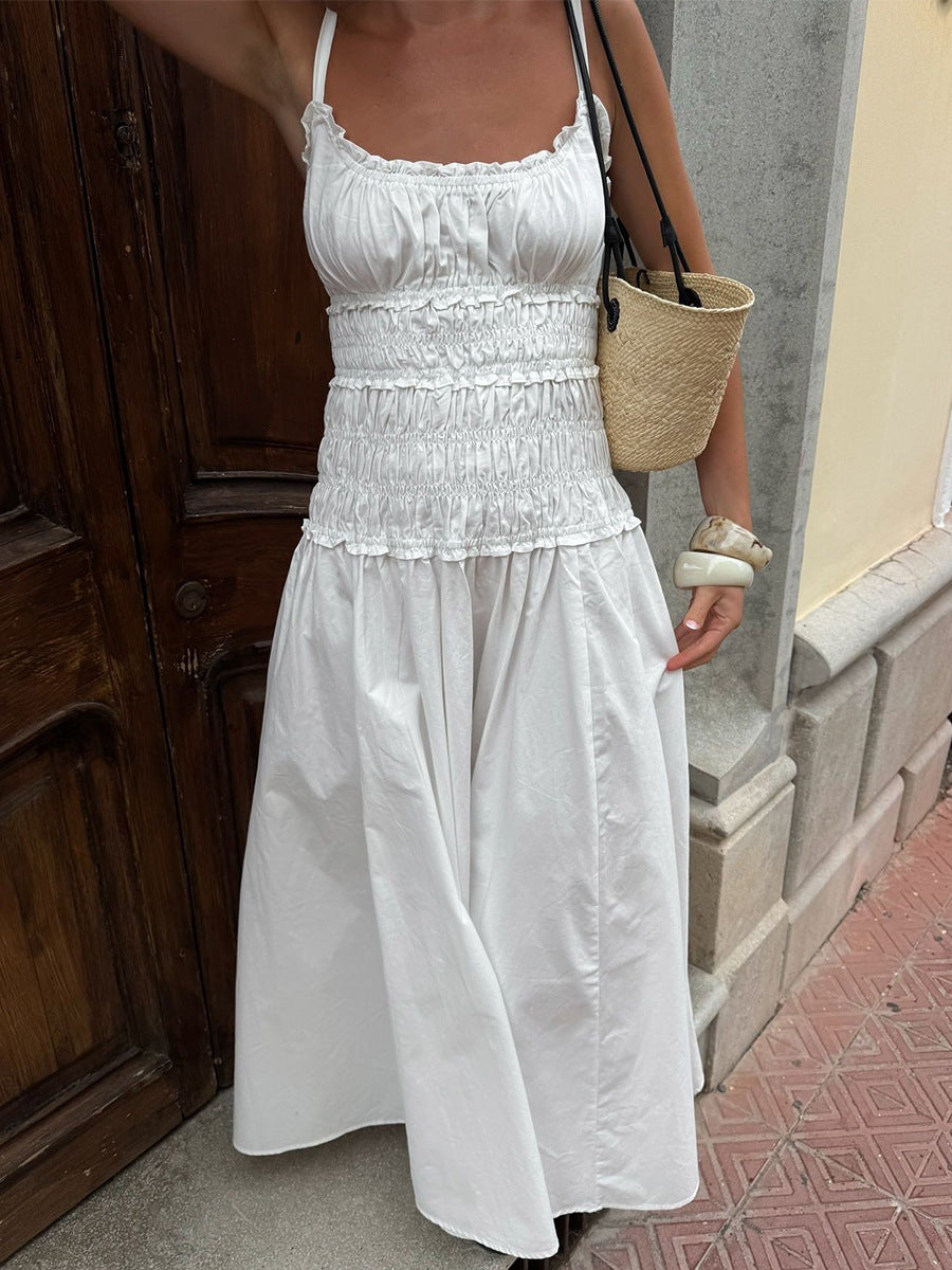 Women's Pure Cotton Spaghetti Strap Pleated Long Dress