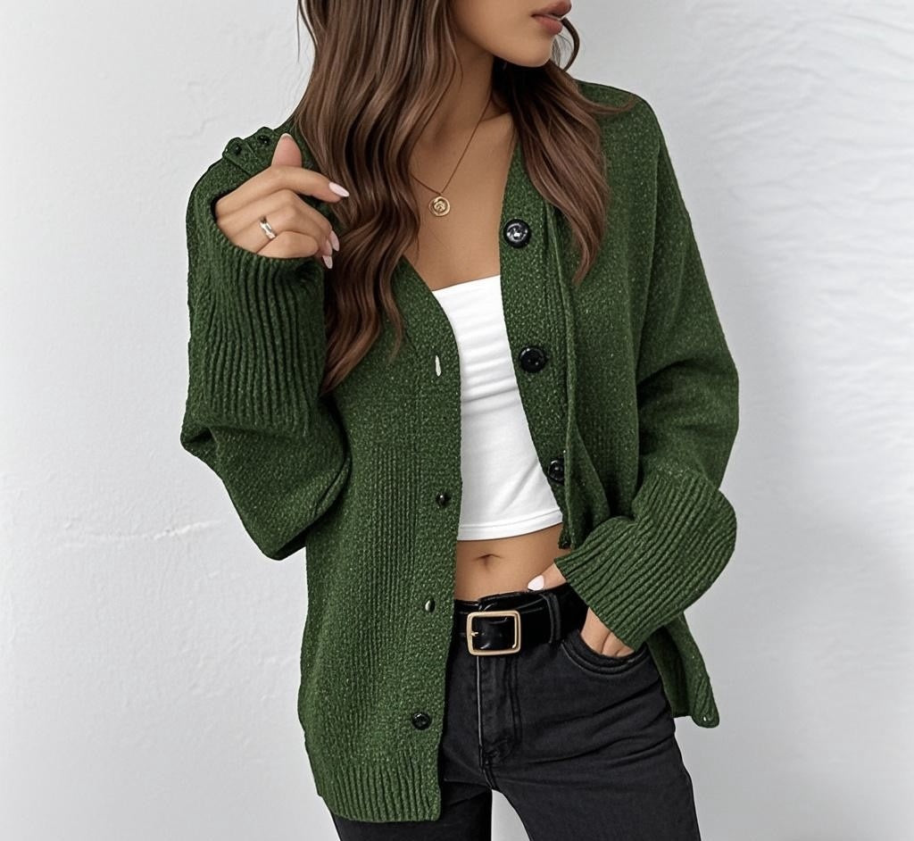 Womens Solid Color Hooded Drawstring Knit Cardigan Jacket