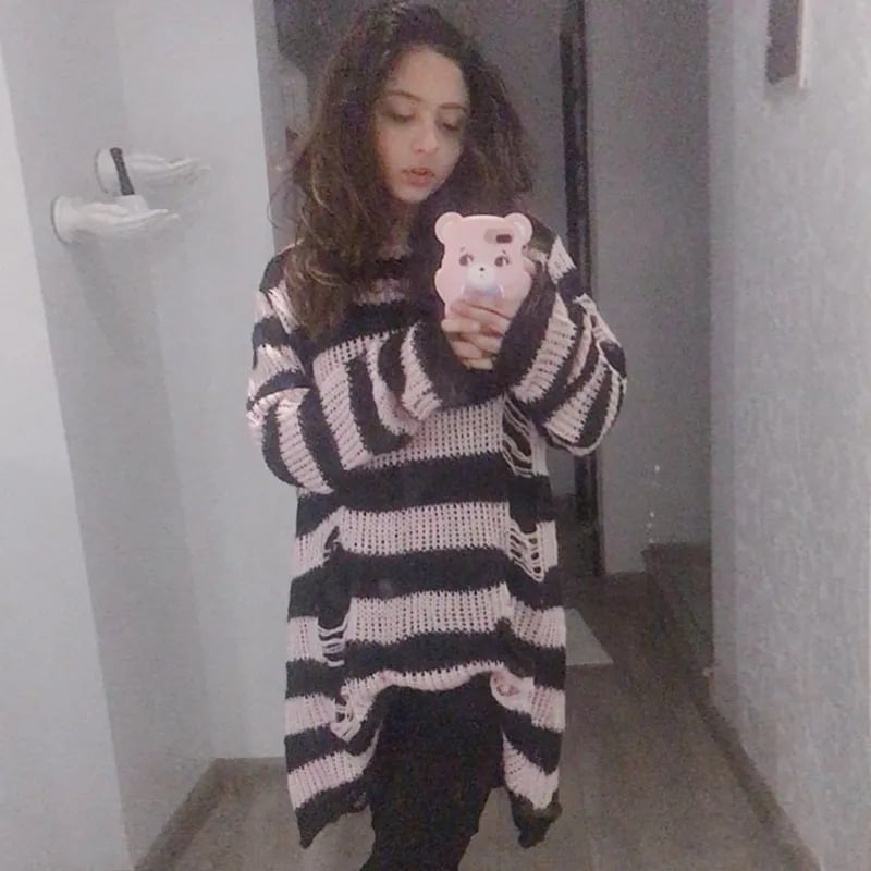 Striped Punk Distressed Long Knit Sweater ? Unisex Loose Fit Dark Style