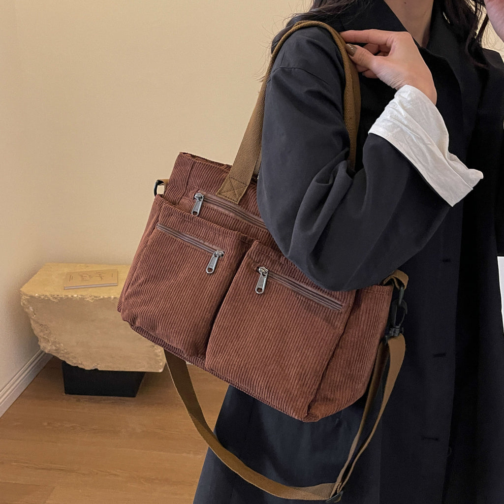 Large-capacity corduroy shoulder bag with slanted strap