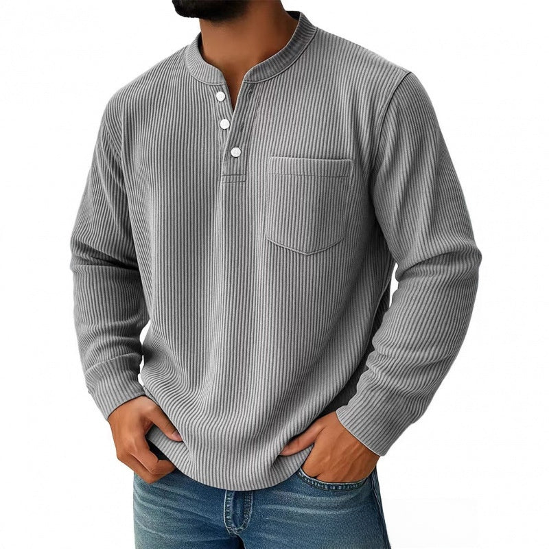 Mens Corduroy Henry Collar Long Sleeve Polo Shirt