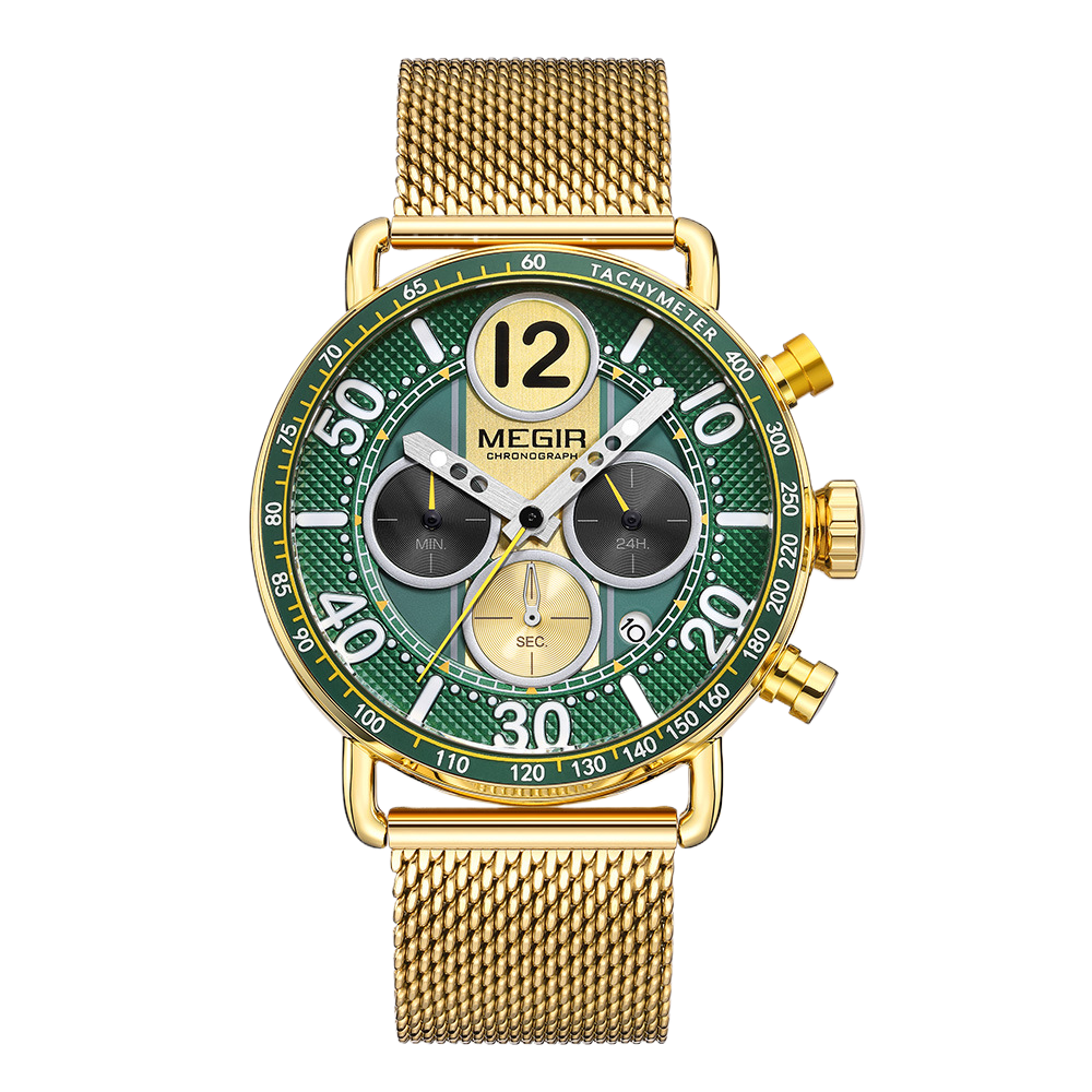 Three-Eye Chronograph Watch with Stainless Steel Mesh Strap