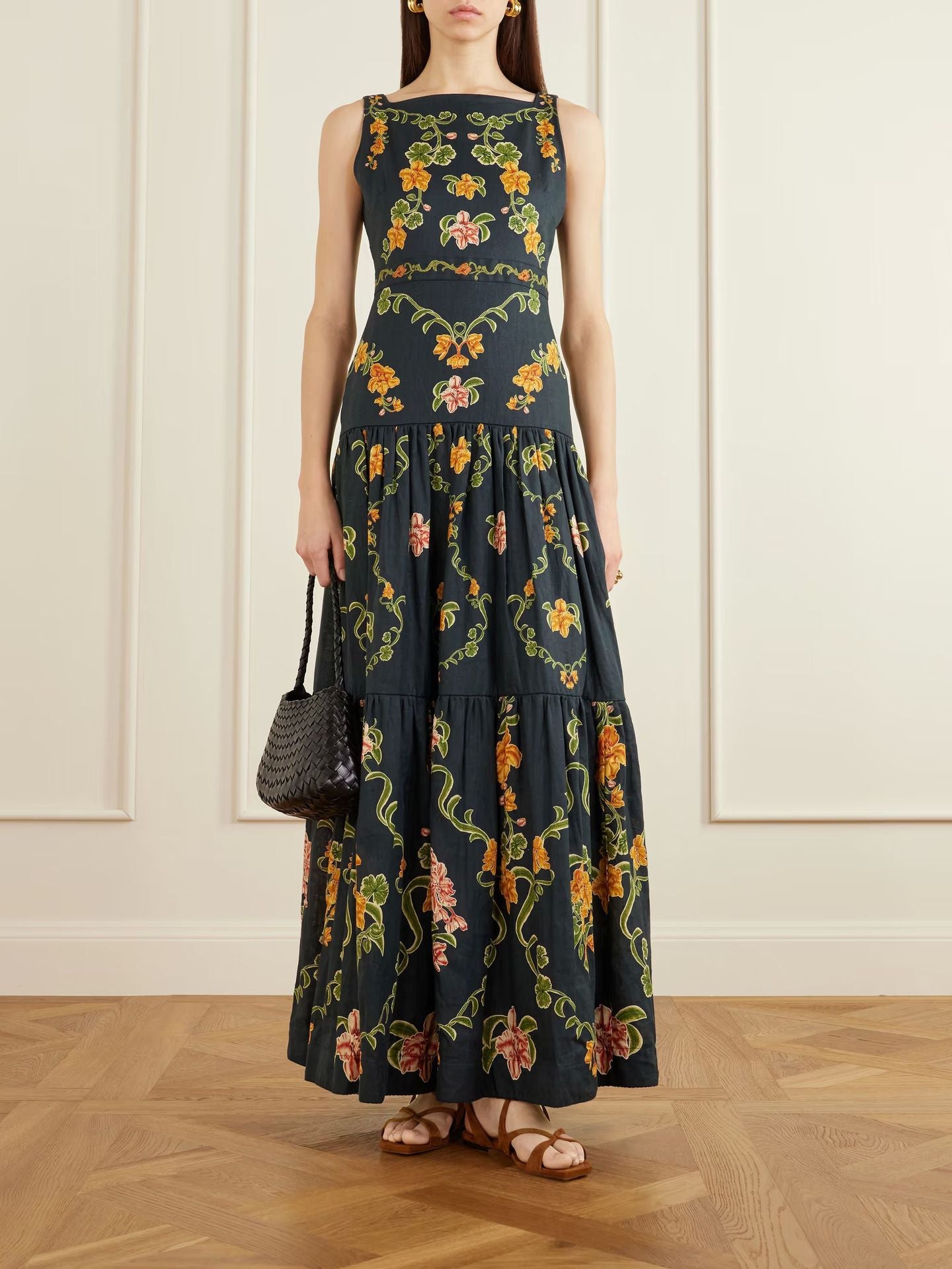 European and American Cross-Border 2026 Aliexpress Amazon Independent Site Elegant Linen Sleeveless Floral Patchwork Flared Dress