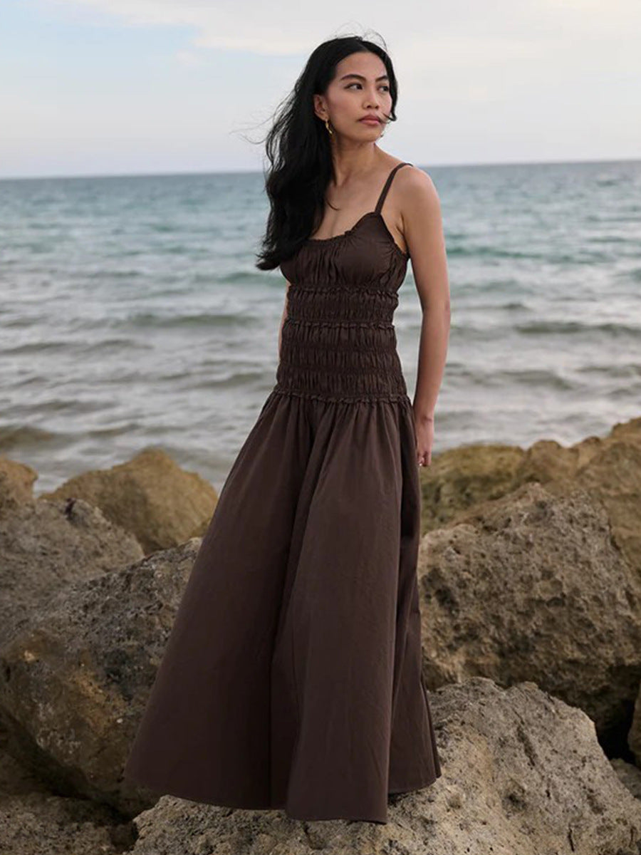 Women's Pure Cotton Spaghetti Strap Pleated Long Dress