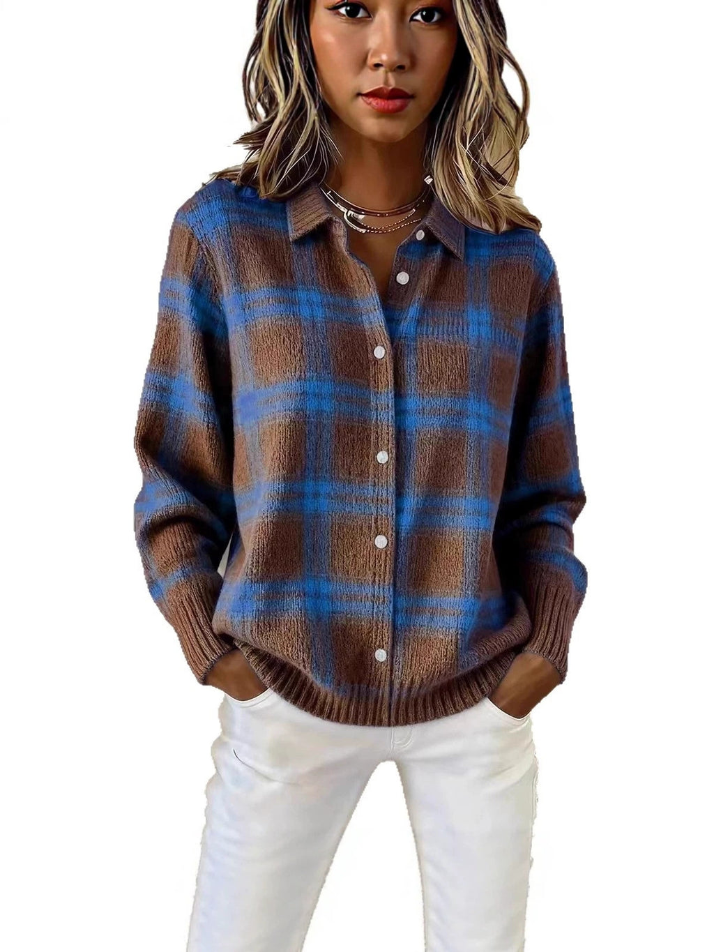 Womens Plaid Long Sleeve Cardigan