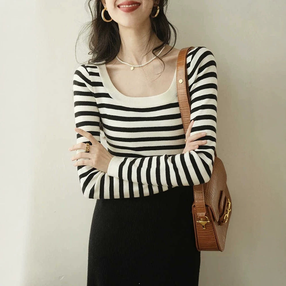 Women's Knitted Stripe Long Sleeve T-Shirt