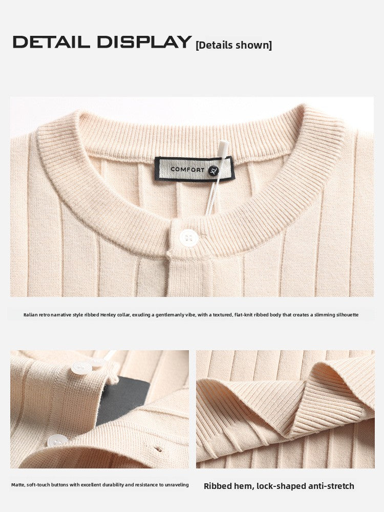 Mens Henry wears a vertical stripe knitted sweater.