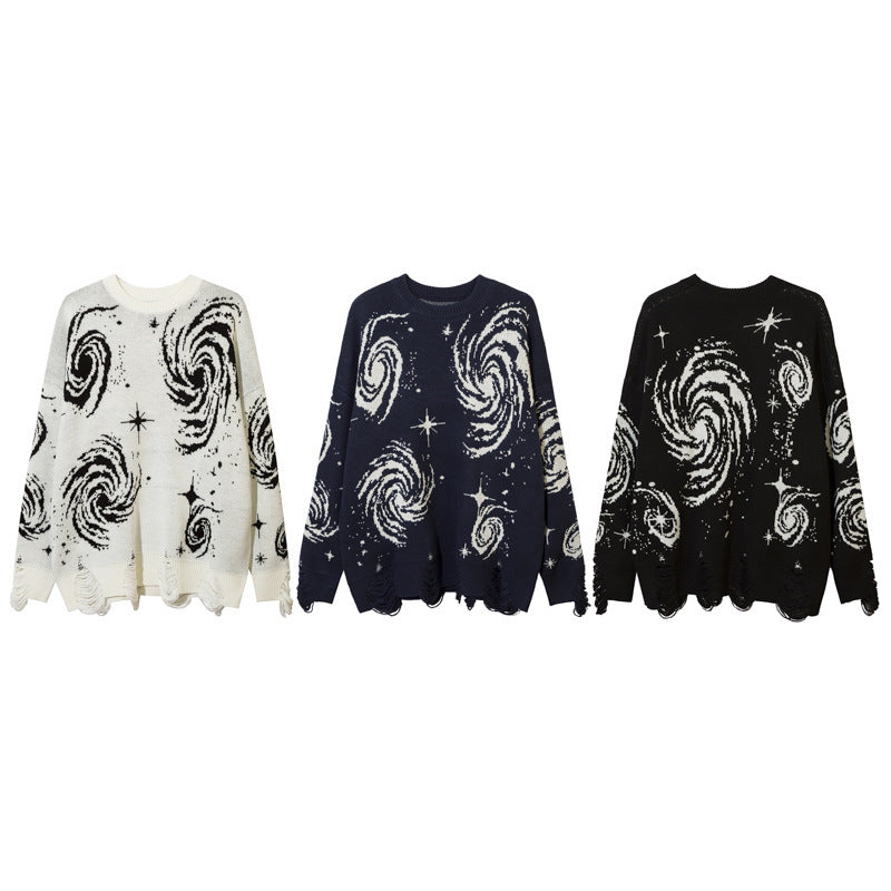 Womens Y2K Vintage Swirl Pattern Printed Loose Ripped Sweater