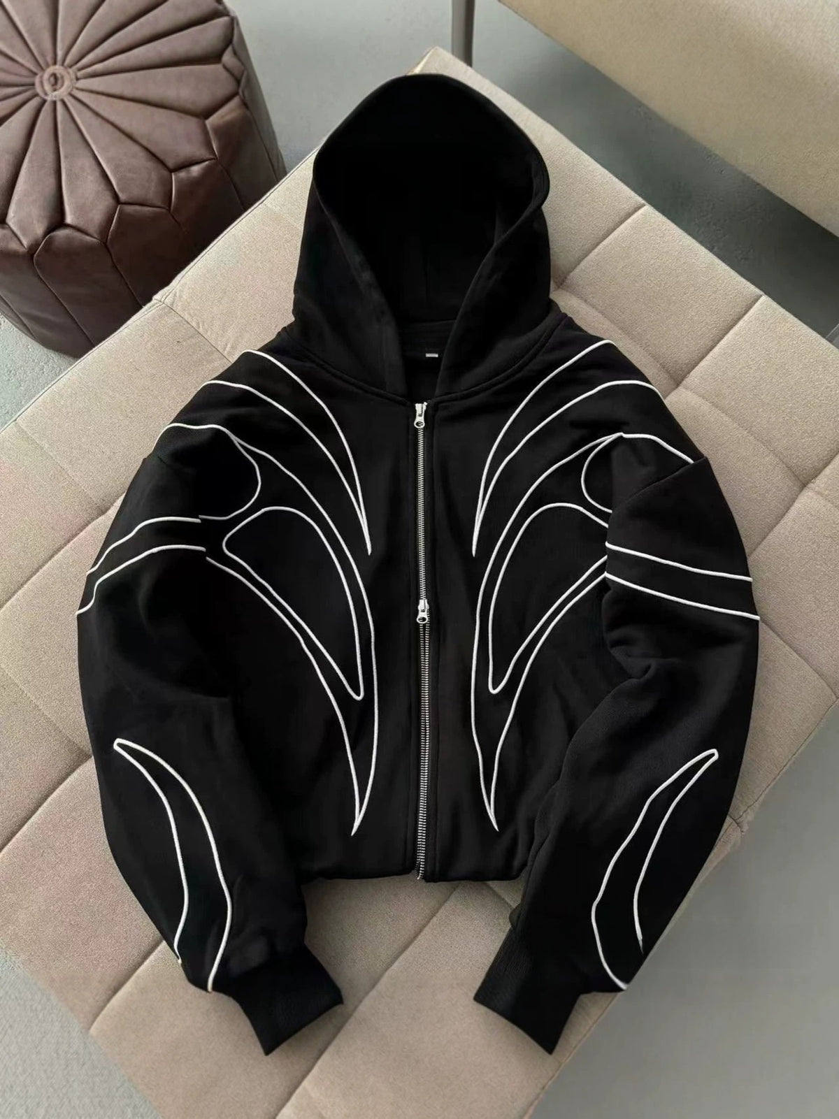 Retro Embroidered Cotton Blend Hooded Sweatshirt