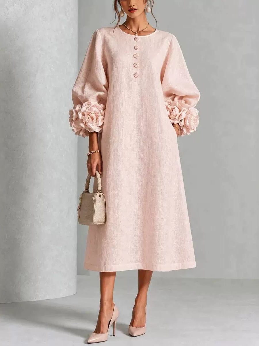 French-style three-dimensional flower lantern-style sleeve cotton and linen mid-length dress