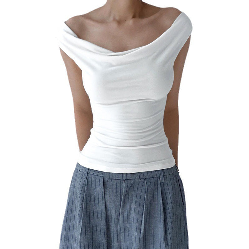 Solid-color collarless sleeveless off-the-shoulder top