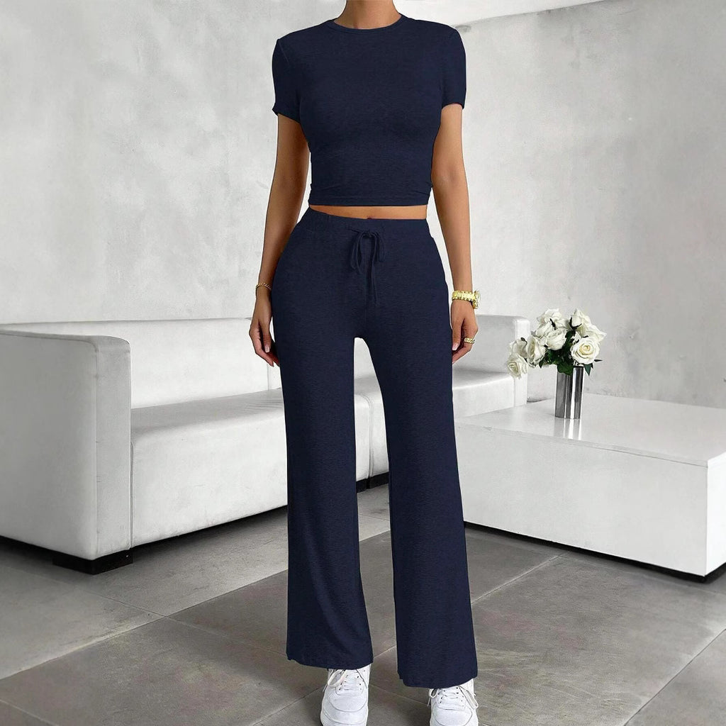 Women Solid Color Casual Long Pants and Short Sleeve Top Two Piece Set