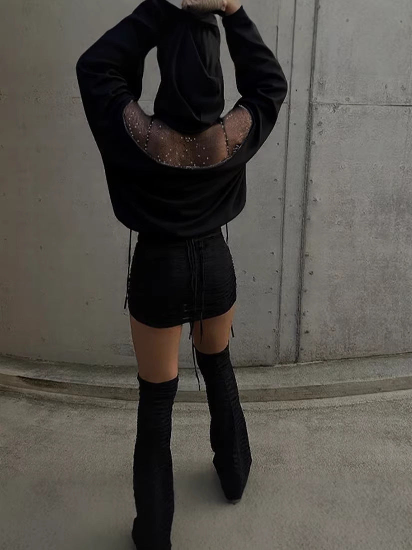 Mesh Patchwork Zipper Hooded Sweatshirt