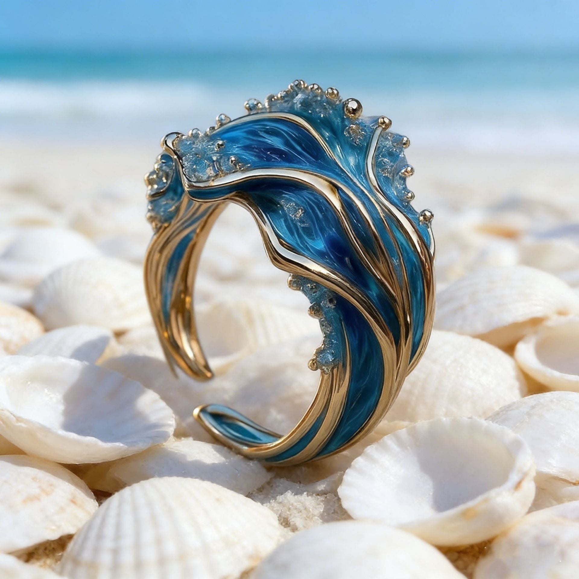 Blue and gold sea wave open ring