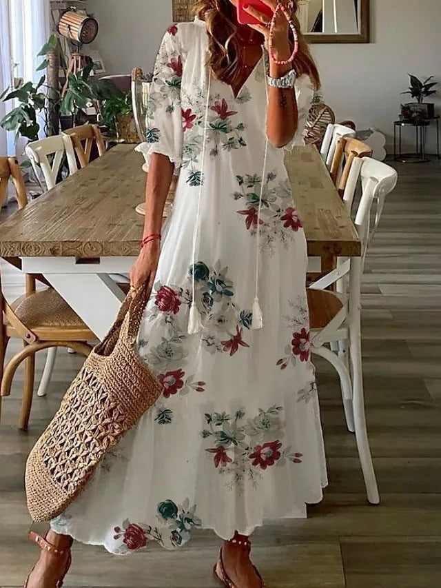 Womens V-Neck Printed Lantern Sleeve Dress