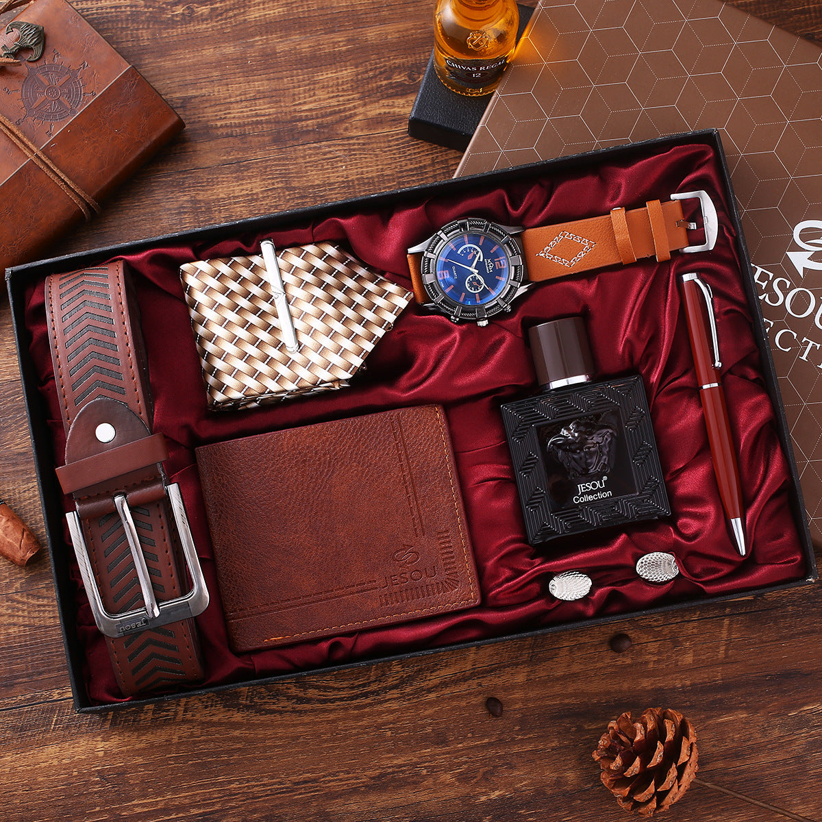 Quartz vintage-style watch strap, wallet, tie, perfume, and cufflinks