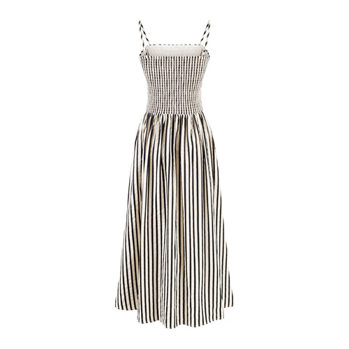 French Spliced Striped Suspender Dress with Pleated Waist