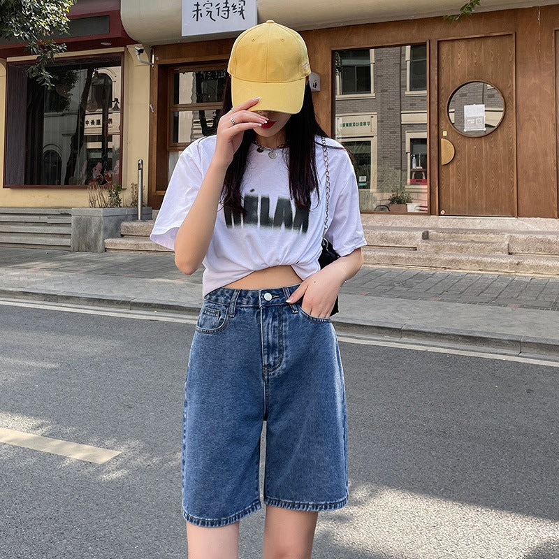 Women Summer Loose Straight Wide-Leg Knee-Length Shorts