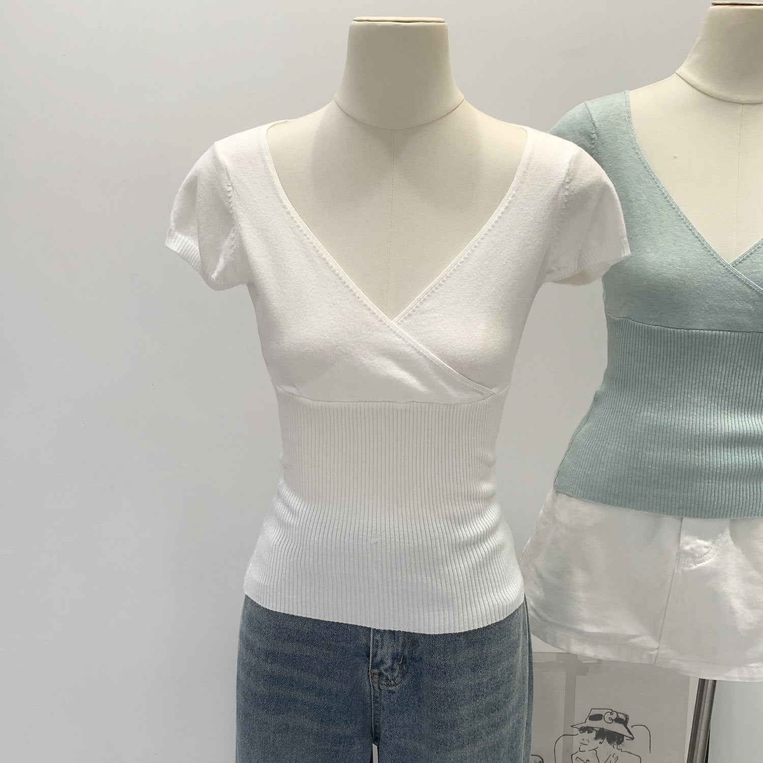 Womens Pure Cotton V-Neck Knitted T-Shirt