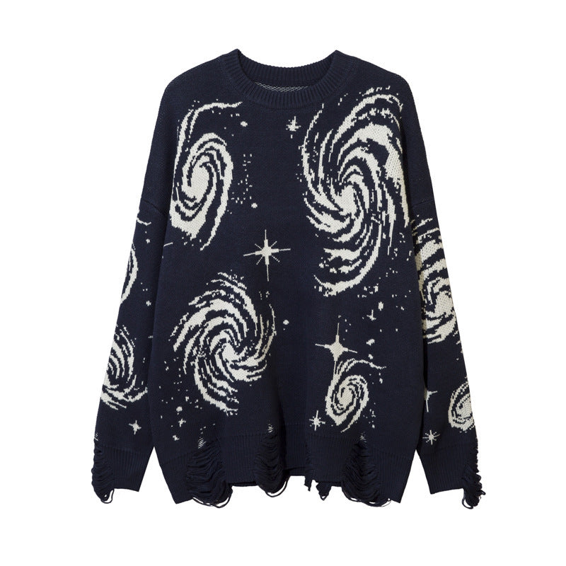 Womens Y2K Vintage Swirl Pattern Printed Loose Ripped Sweater