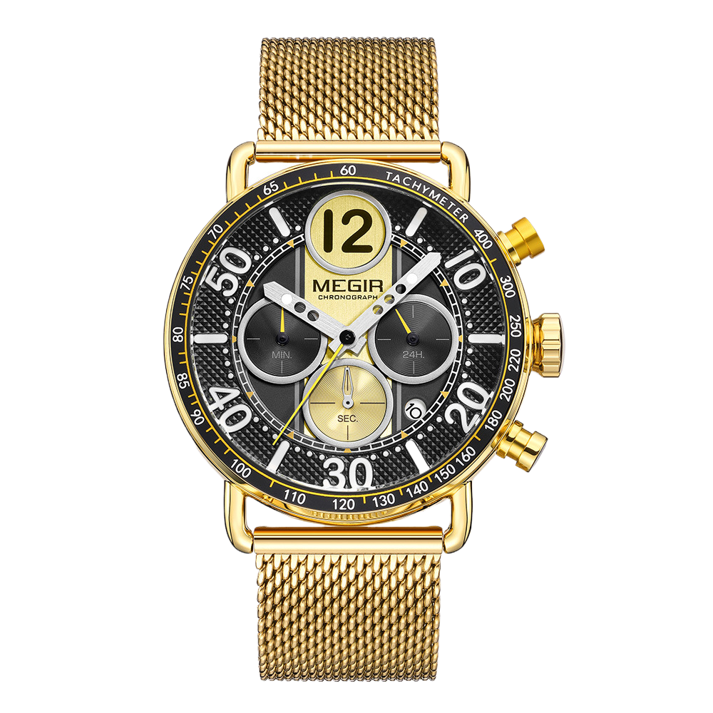 Three-Eye Chronograph Watch with Stainless Steel Mesh Strap