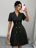 Women's New Solid Color Short Sleeve Waist-Cinching Double-Breasted Dress