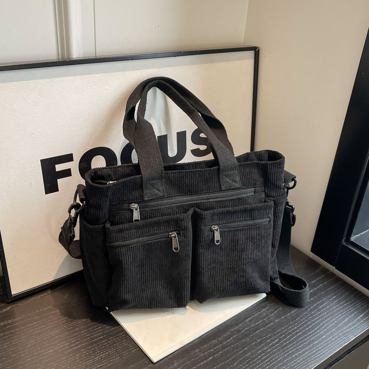 Large-capacity corduroy shoulder bag with slanted strap
