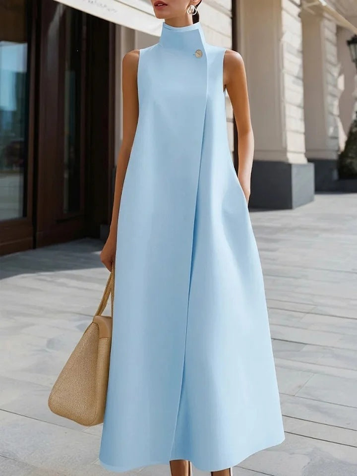 Elegant Stand Collar Button Vest Dress