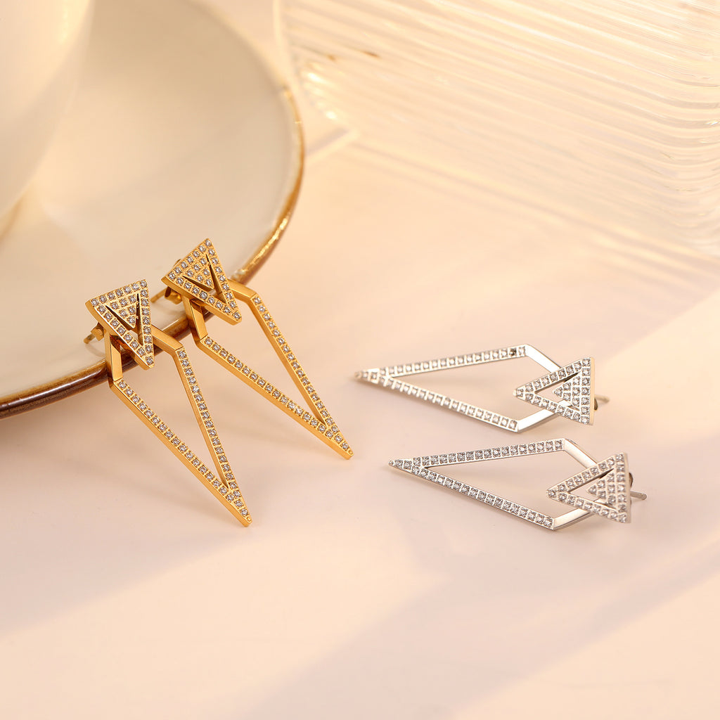 Double Triangle Stainless Steel Earrings with White Diamond