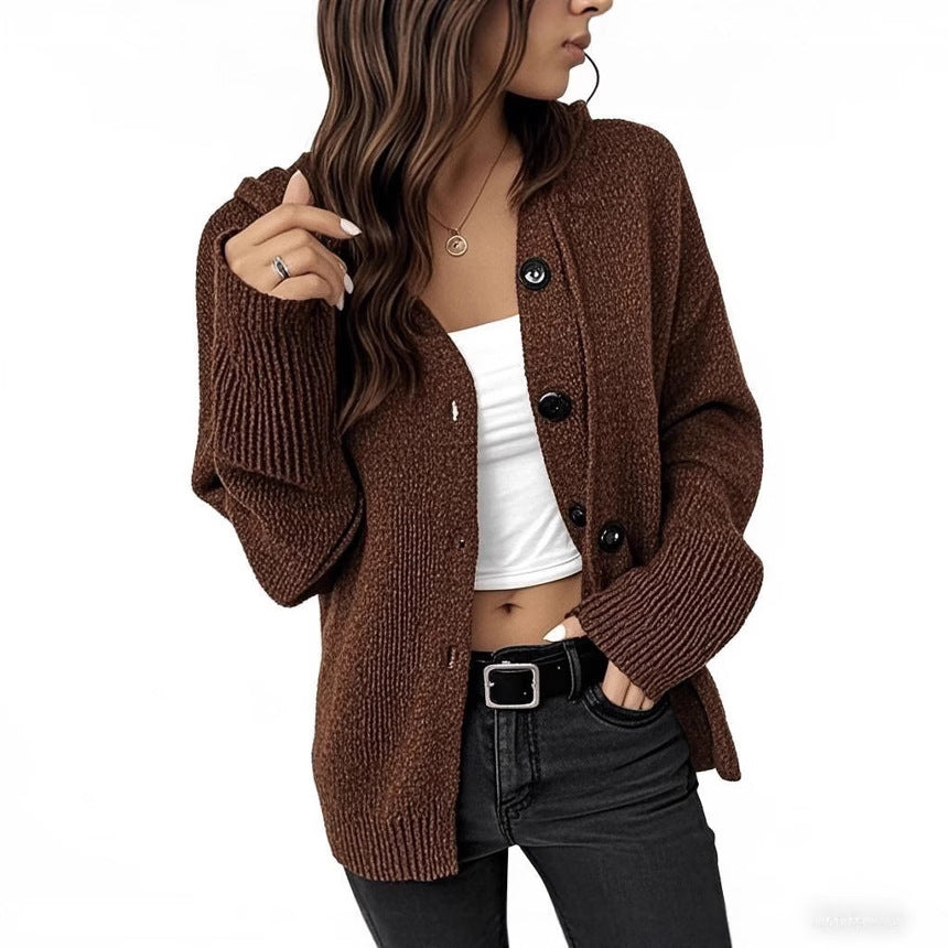 Womens Solid Color Hooded Drawstring Knit Cardigan Jacket