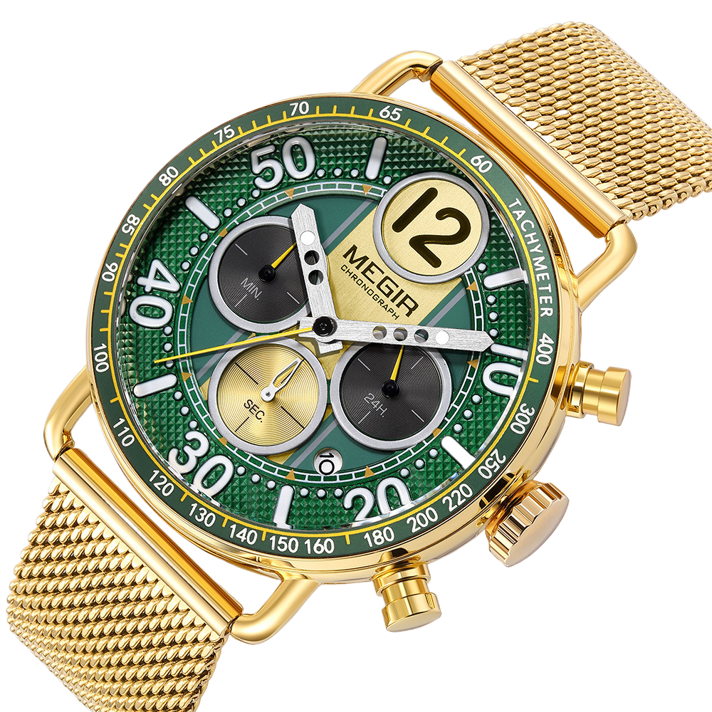 Three-Eye Chronograph Watch with Stainless Steel Mesh Strap