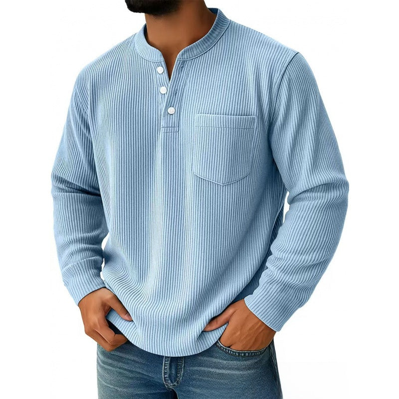 Mens Corduroy Henry Collar Long Sleeve Polo Shirt