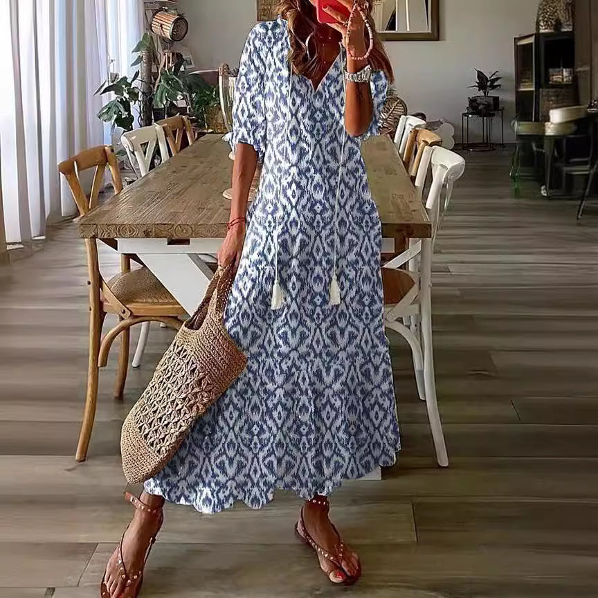 Womens V-Neck Printed Lantern Sleeve Dress